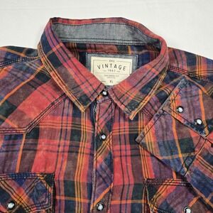 BKE Vintage Mens XL Tailored Fit Plaid Western Pearl Snap Shirt Red